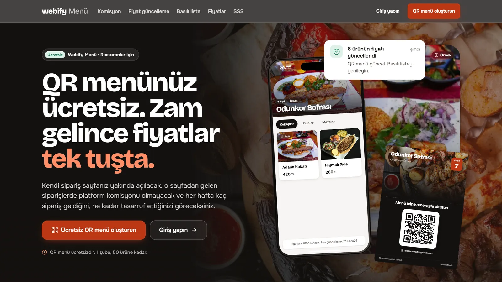 Webify Menü ana sayfası: telefonda kategorili QR menü, 6 ürünün fiyatı güncellendi bildirimi ve numaralı masa QR kartı